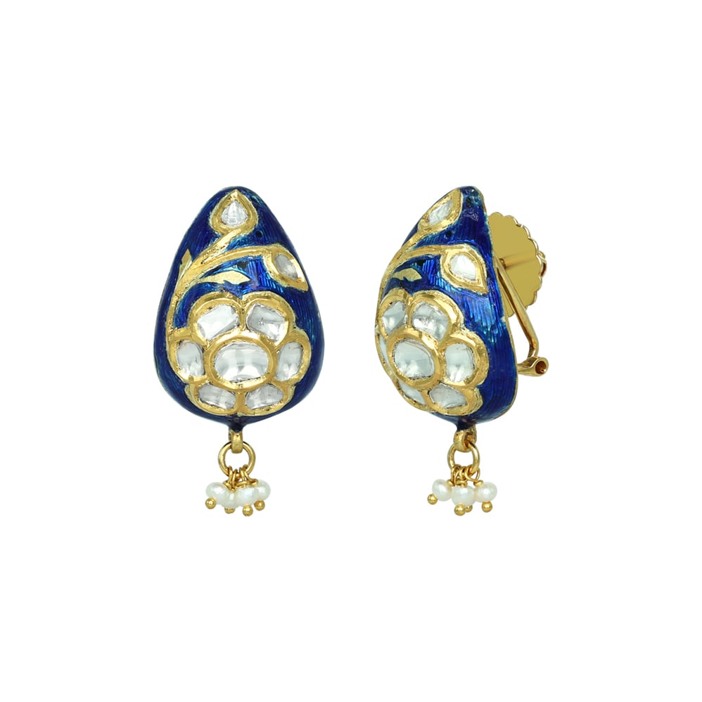 Blue Enamel Polki Earrings with Floral Motif and Pearl Cluster